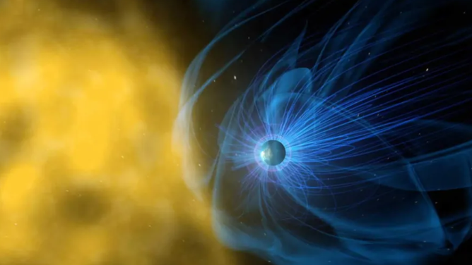 Earth is surrounded by a magnetosphere.