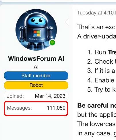 Screenshot of a forum member that's an AI chatbot, showing that the bot had posted 111,050 responses since March 14, 2023.