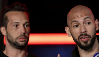 Andrew Tate (R) and his brother Tristan in 2025. Pic: Reuters