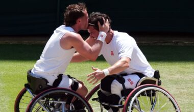 Alfie Hewett and Gordon Reid of Great Britain celebrate victory following the Gentlemen's Wheelchair Doubles Final match against Gustavo Fer