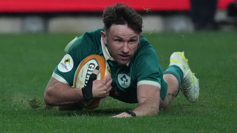 Ireland's Hugo Keenan scores a try against Australia in the Nations Championship