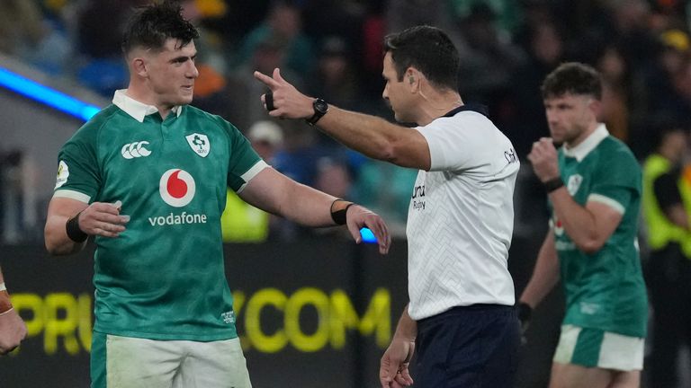 Referee Brian O'Keeffe, right, disallows a try on video review by Ireland's Dan Sheehan against Australia