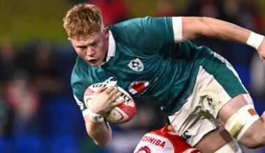 Bryn Ward of Ireland is tackled by Naoto Saito of Japan during the Nations Championship rugby international between Japan and Ireland in Newcastle, Australia, Saturday, July 11, 2026. (Dan Himbrechts/AAPImage via AP)