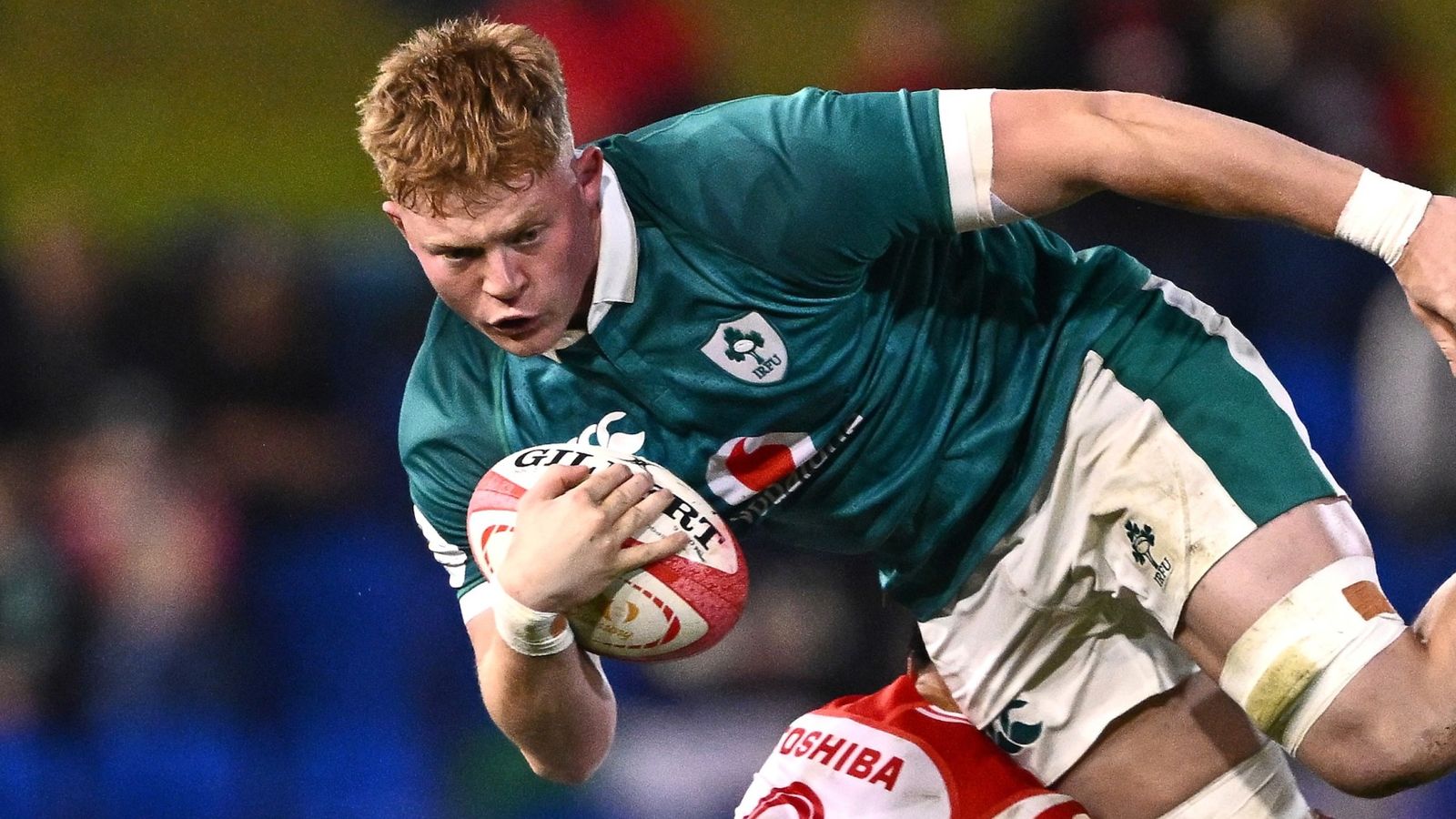 Bryn Ward of Ireland is tackled by Naoto Saito of Japan during the Nations Championship rugby international between Japan and Ireland in Newcastle, Australia, Saturday, July 11, 2026. (Dan Himbrechts/AAPImage via AP)