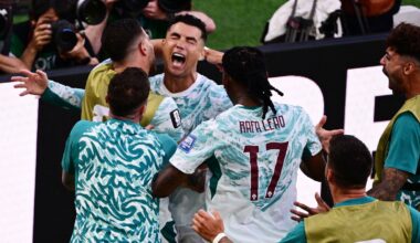 Portugal's Cristiano Ronaldo (7) celebrates with teammates after scoring their first a goal on a penalty kick during the World Cup round of 32 soccer match between Portugal and Croatia in Toronto, Thursday, July 2, 2026. (Sammy Kogan/The Canadian Press via AP)