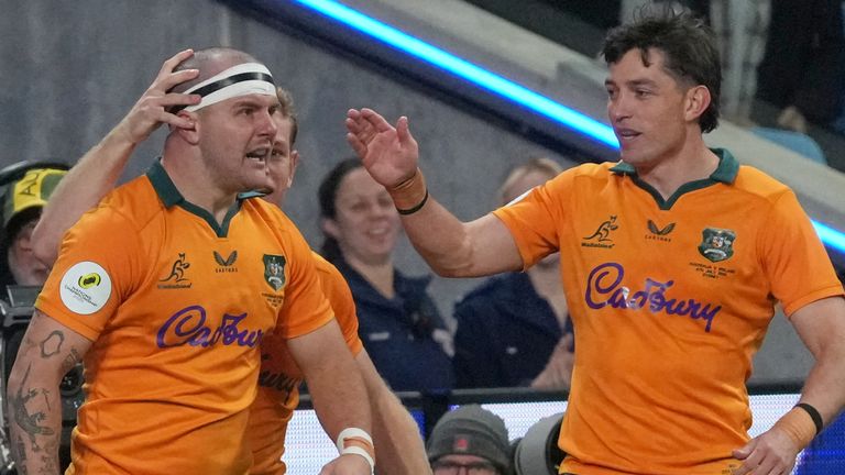 Australia's Dylan Pietsch celebrates after scoring his side's first try against Ireland
