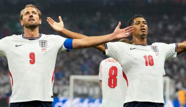Jude Bellingham celebrates with Harry Kane after opening the scoring against Mexico