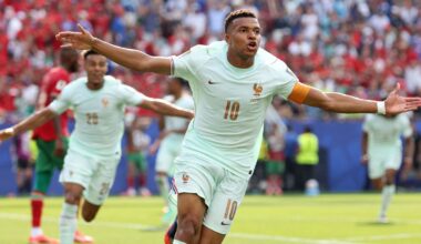 Kylian Mbappe celebrates scoring his team's first goal during the 2026 World Cup football tournament quarter-final match against Morocco