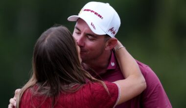 Lucas Herbert kisses his wife Erika Cote after winning LIV Golf UK (PA Images)