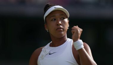 Naomi Osaka of Japan celebrates winning a point against Aryna Sabalenka of Belarus in their fourth round women's singles match at the Wimbledon Tennis Championships in London, Sunday, July 5, 2026. (AP Photo/Brian Inganga)