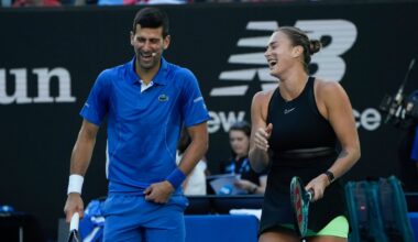 Serbia's Novak Djokovic and Aryna Sabalenka of Belarus react during an exhibition match against Stefanos Tsitsipas of Greece and compatriot Maria Sakkari ahead of the Australian Open tennis championships at Melbourne Park, Melbourne, Australia, Thursday, Jan. 11, 2024. (AP Photo/Andy Wong)