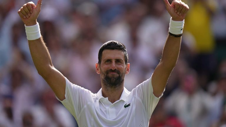Novak Djokovic of Serbia celebrates his victory against Roman Saffiulin of Russia in their fourth round men's singles match at the Wimbledon Tennis Championships in London, Sunday, July 5, 2026. (AP Photo/Brian Inganga)