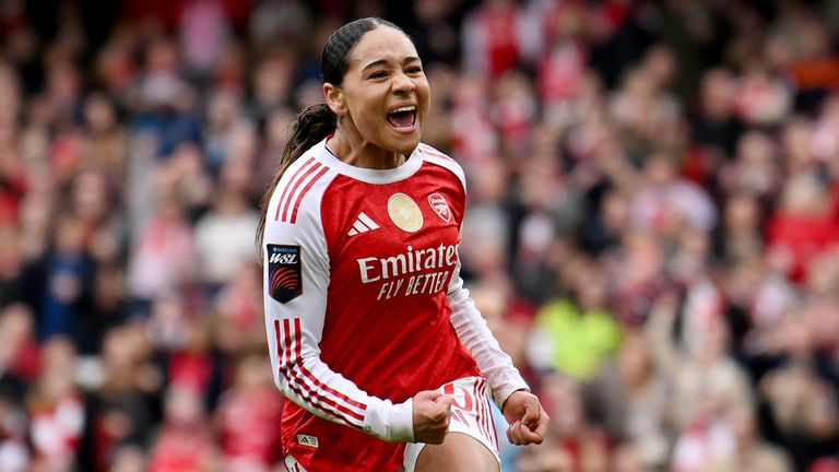 Olivia Smith celebrates after giving Arsenal a first-half lead against Man City