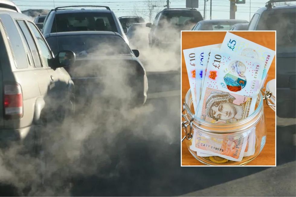 Smoke coming from petrol and diesel cars and a pot of money