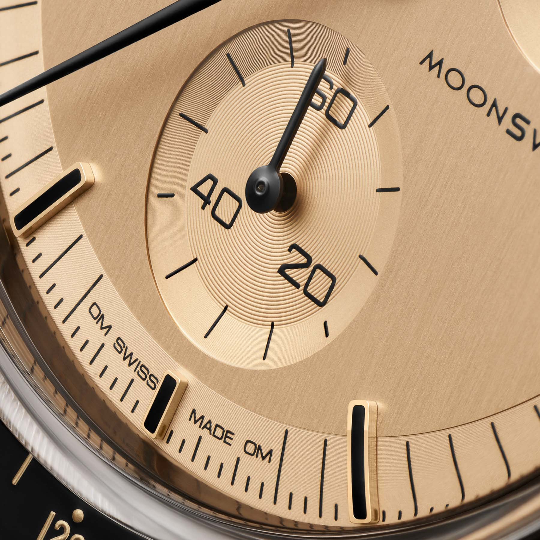 Omega × Swatch Speedmaster MoonSwatch Mission To The Moon 1969 dial with "OM" markings