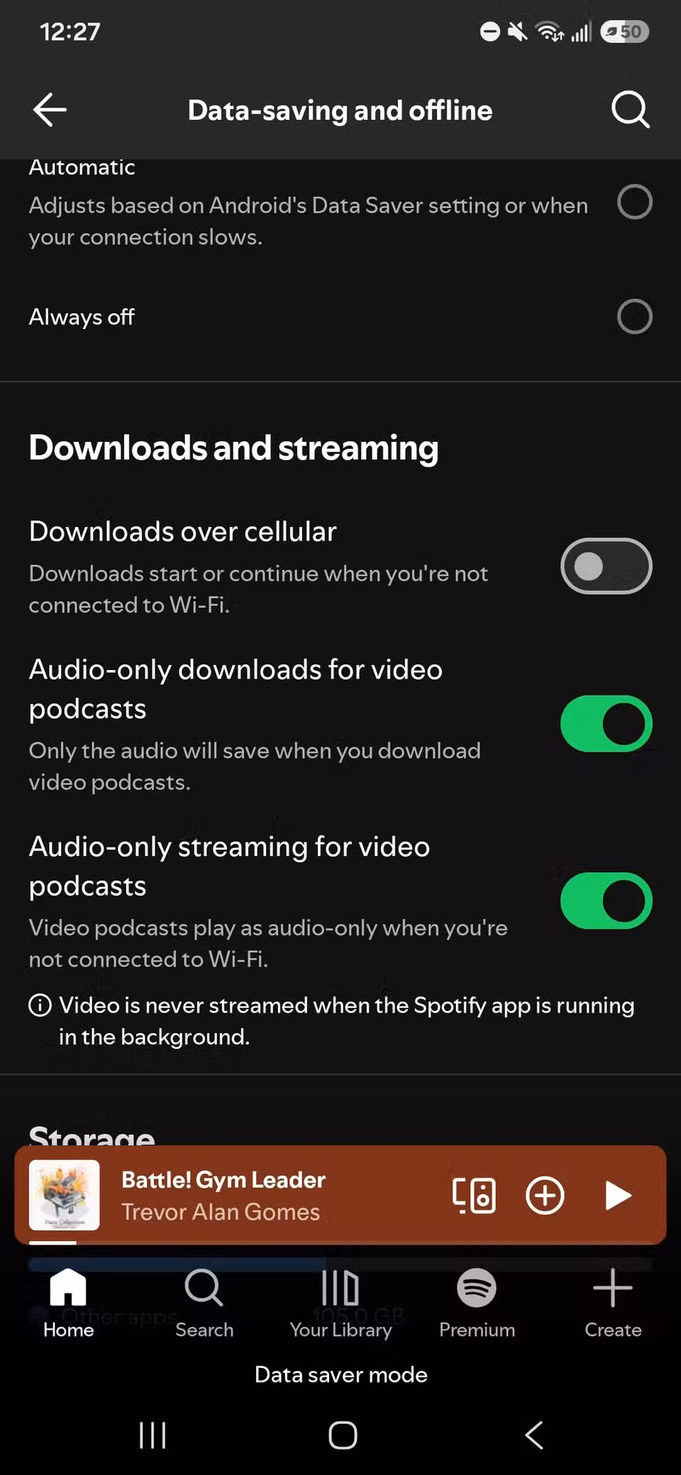 Three toggles under Downloads and streaming for data saving in the Spotify app