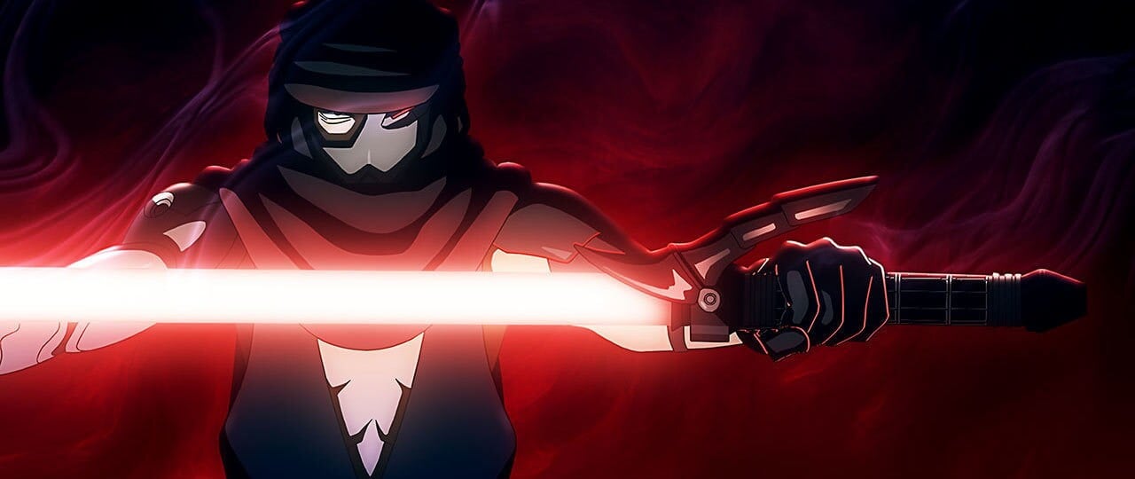 Animated frame showing a Sith character in a metal mask wielding a lightsaber