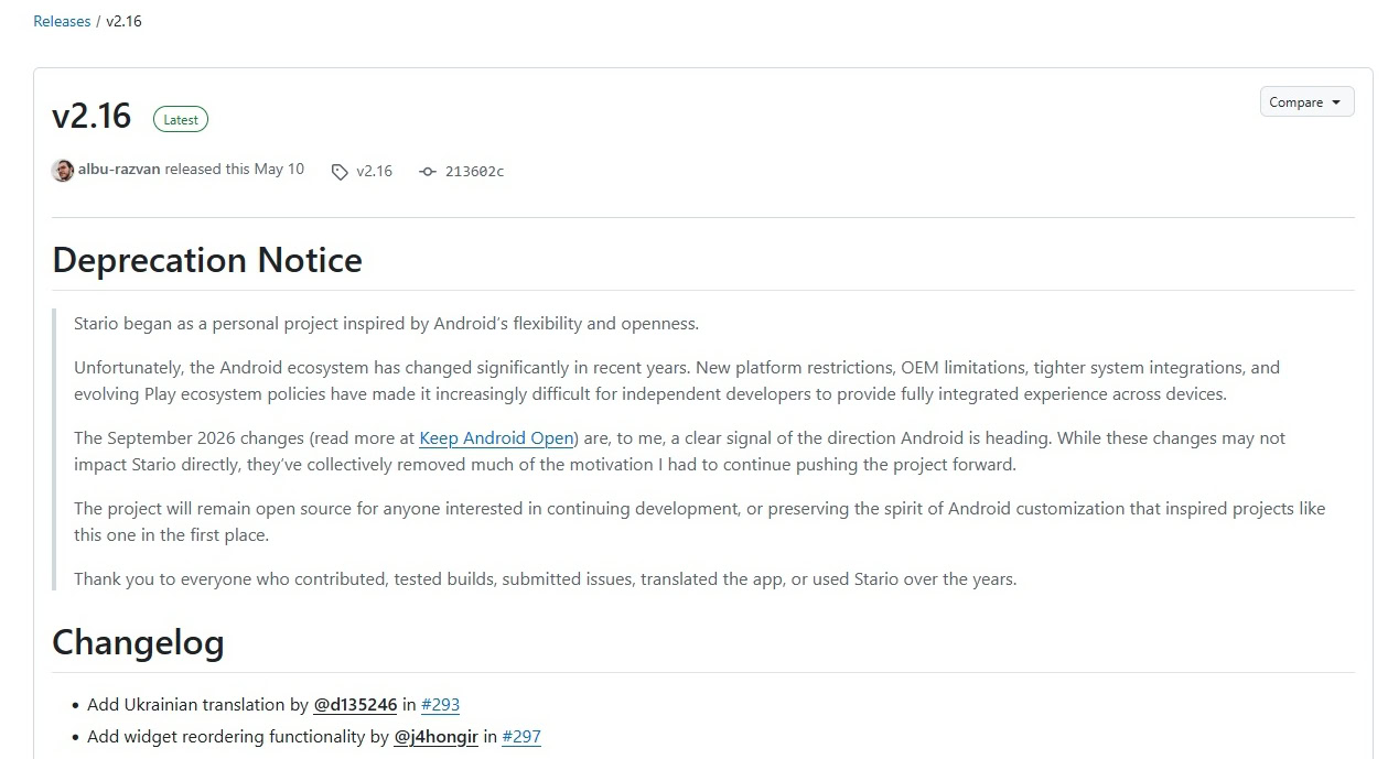 stario launcher deprecation notice