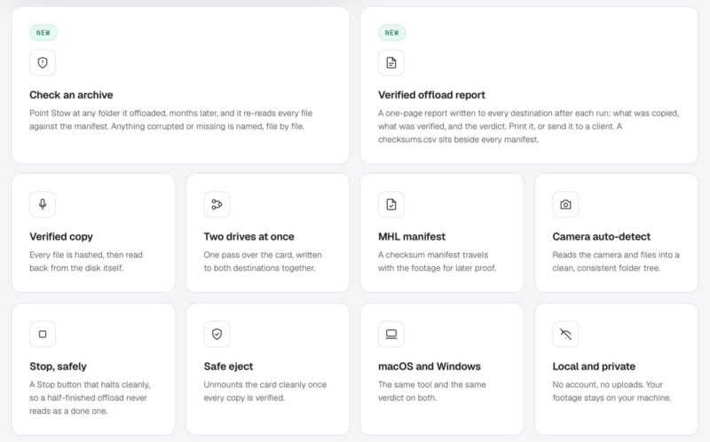 A grid of feature cards for a file management tool, listing options like "Check an archive," "Verified offload report," "Verified copy," "Two drives at once," "MHL manifest," and other safety and compatibility features.
