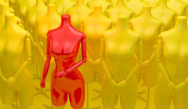 An AI-powered red mannequin stands out from a crowd of yellow mannequins in a 3D-rendered image representing the fashion industry.