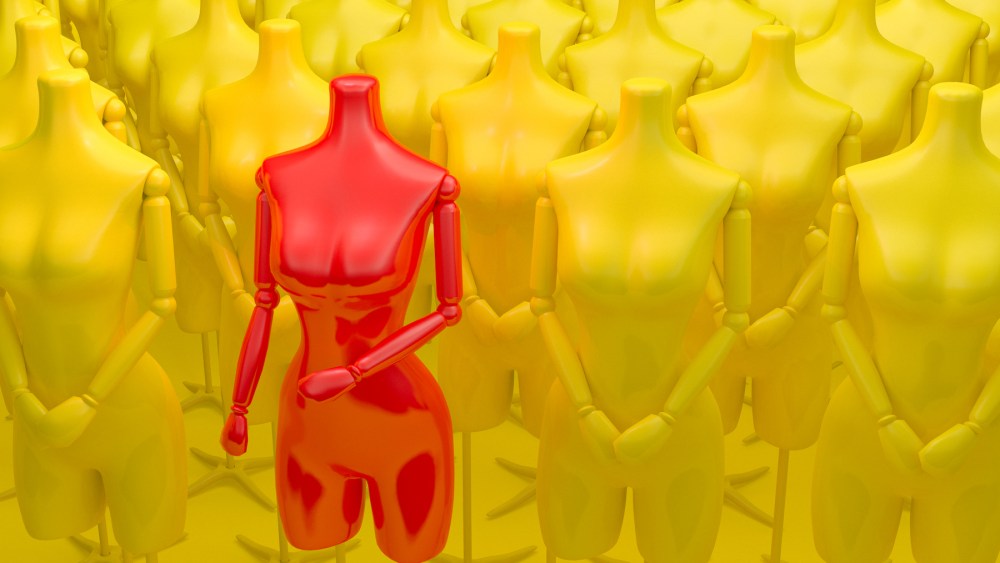 An AI-powered red mannequin stands out from a crowd of yellow mannequins in a 3D-rendered image representing the fashion industry.