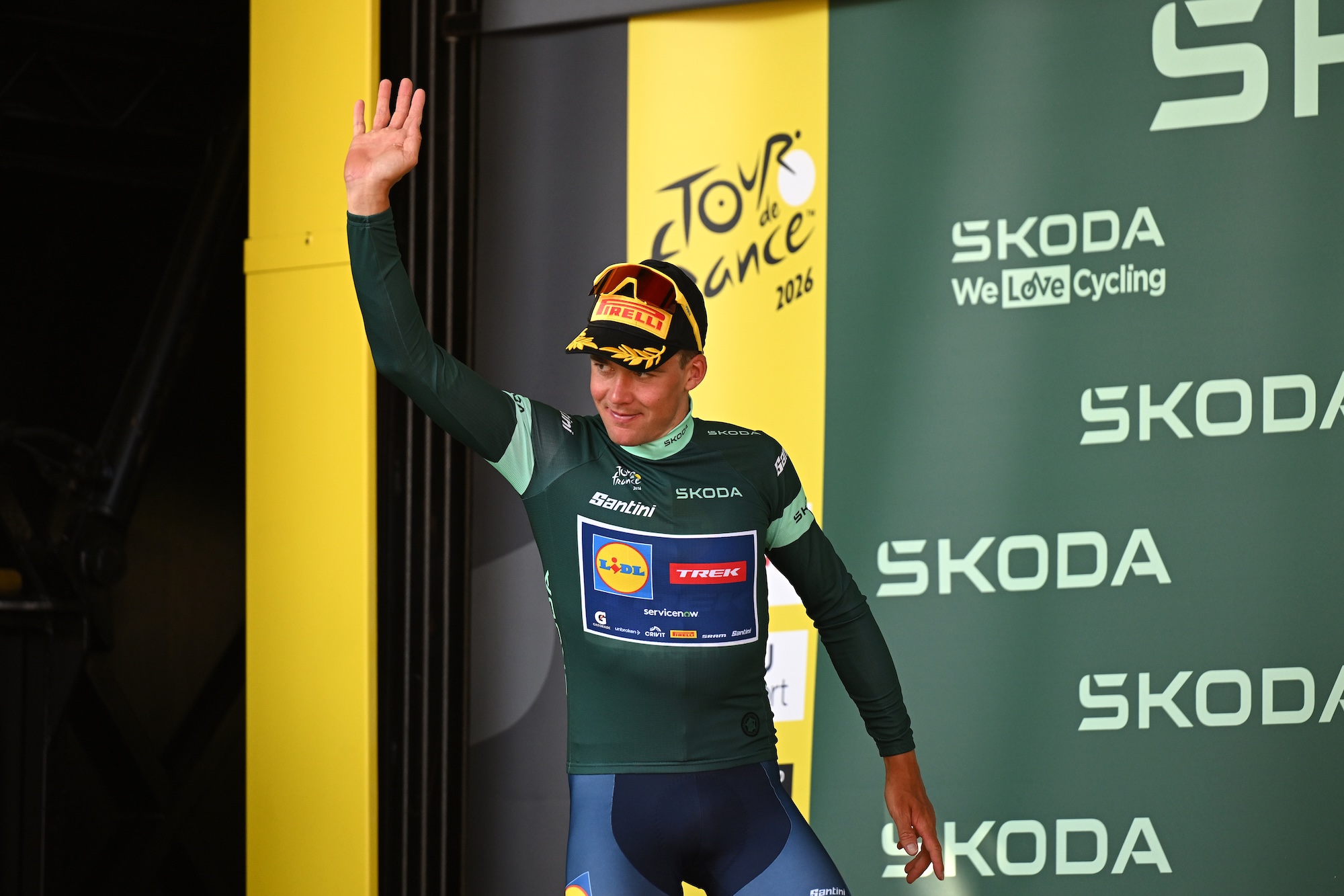 FOIX, FRANCE - JULY 07: Mads Pedersen of Denmark and Team Lidl - Trek celebrates at podium as Green Sprint Jersey winner during the 113th Tour de France 2026, Stage 4 a 181.9km stage from Carcassonne to Foix / #UCIWT / on July 07, 2026 in Foix, France. (Photo by Dario Belingheri/Getty Images)