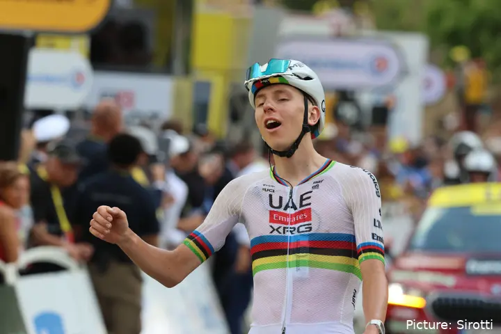 Tadej Pogacar in action on Stage 6 of the 2026 Tour de France