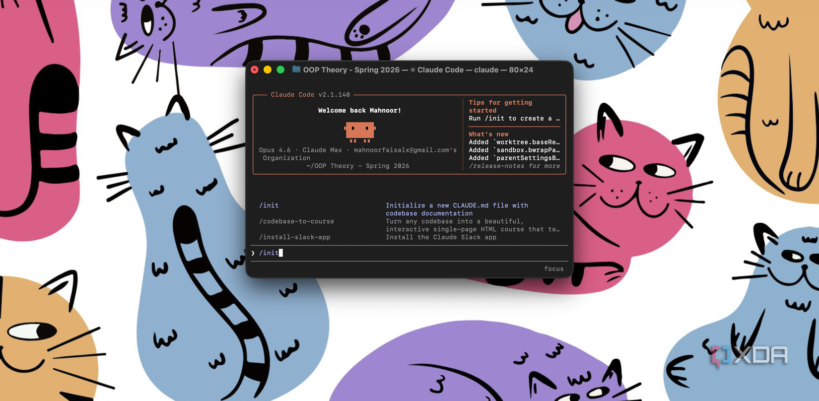 terminal window showing code editor with colorful cartoon cats illustration in background
