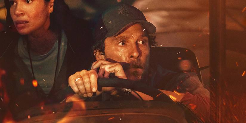 Matthew McConaughey drives a bus through a wildfire on the poster for The Lost Bus.