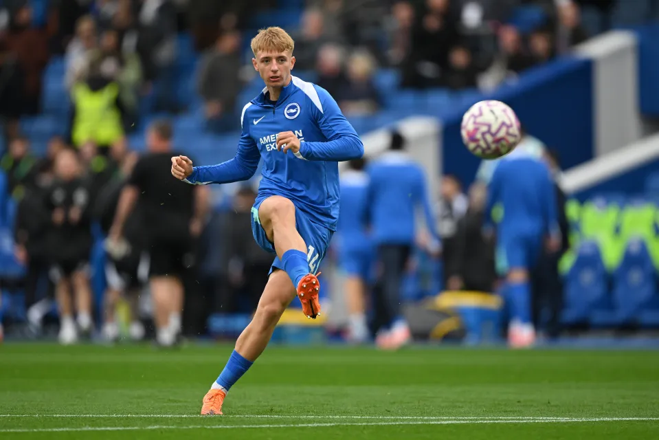 Tommy Watson shoots at goal during the warm-ups before Brighton & Hove Albion vs Newcastle United