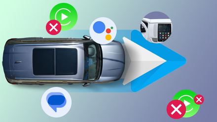 Top-down view of a car with the Android Auto logo, Google Assistant, messaging icons, and crossed-out Apple CarPlay symbols.