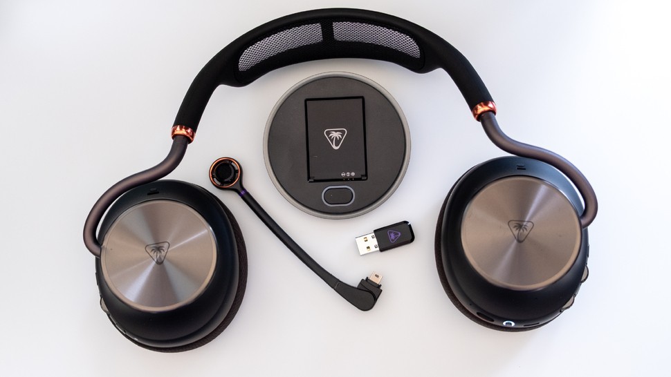 Turtle Beach Stealth Pro 2 review, showing the headset with mic, dongle, charger