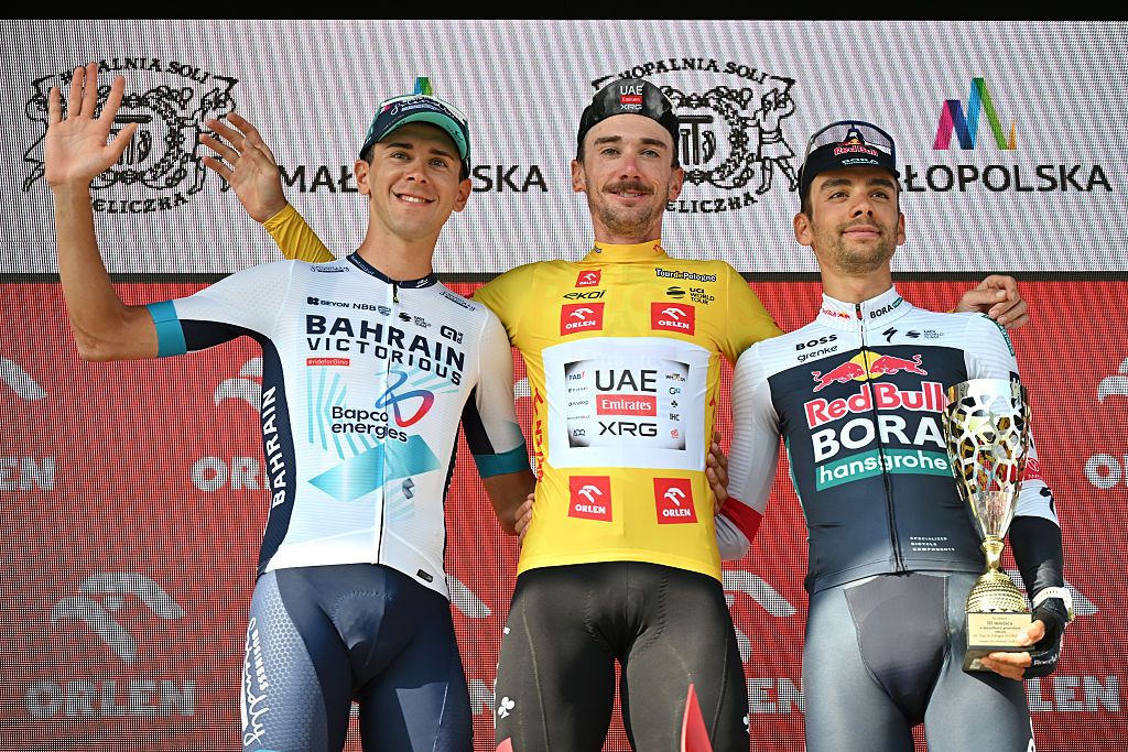 WIELICZKA, POLAND - AUGUST 10: (L-R) Antonio Tiberi of Italy and Team Bahrain - Victorious on second place, overall race winner Brandon McNulty of The United States and UAE Team Emirates - XRG - Yellow Leader Jersey and Matteo Sobrero of Italy and Team Red Bull - BORA - hansgrohe on third place pose on the podium ceremony after the 82nd Tour de Pologne 2025, Stage 7 a 12.5km individual time trial stage from Wieliczka to Wieliczka / #UCIWT / on August 10, 2025 in Wieliczka, Poland. (Photo by Luc Claessen/Getty Images)