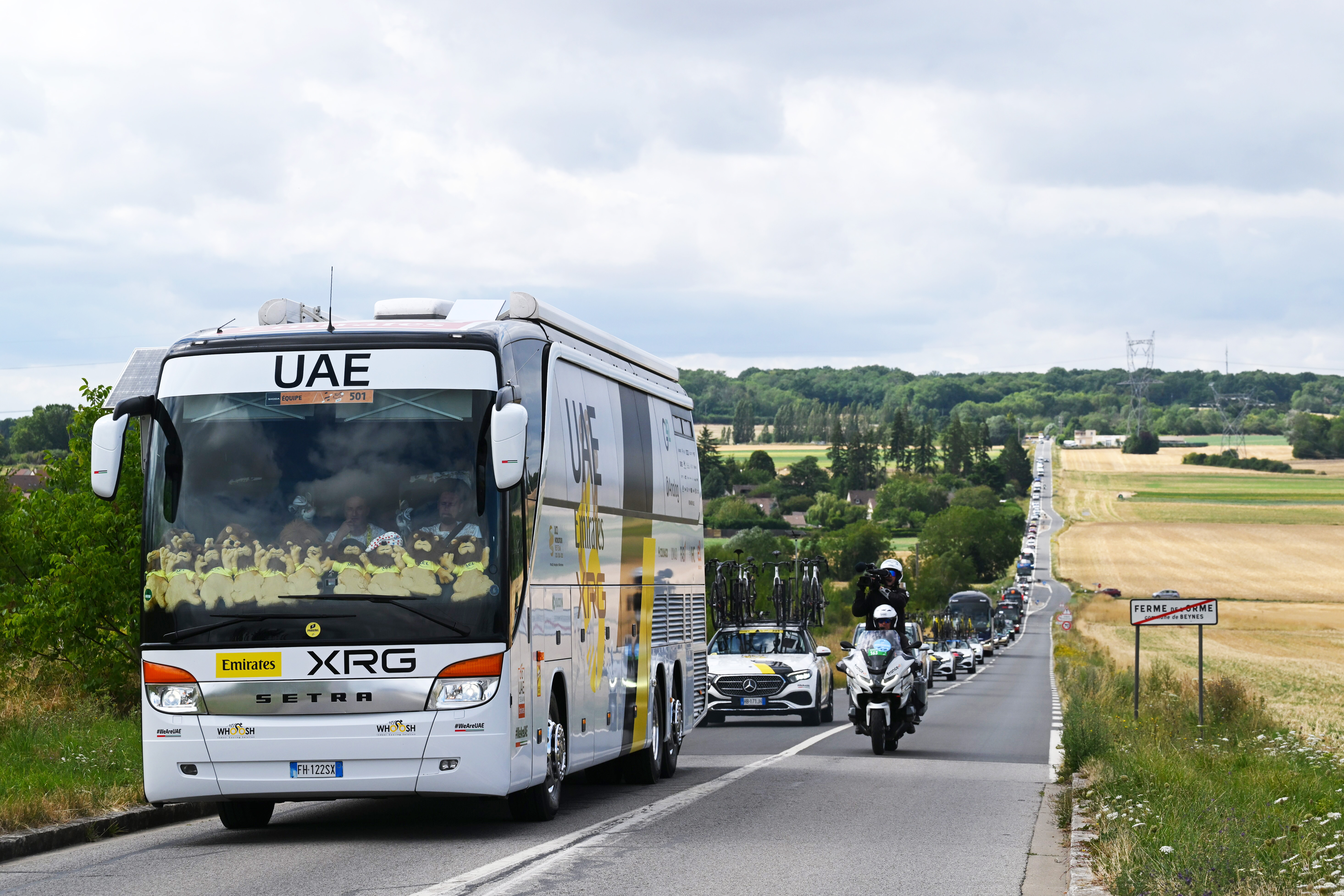 PARIS, FRANCE - JULY 26: View of the caravan of UAE Team Emirates - XRG prior to the 113th Tour de France 2026, Stage 21 a 89km stage from Paris to Paris / #UCIWT / on July 26, 2026 in Paris, France. (Photo by Tim de Waele/Getty Images)