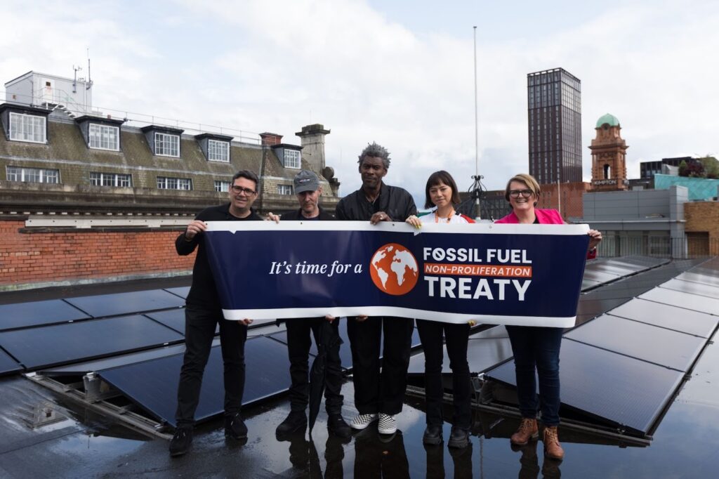 Andy Burnham (left) and others, including members of Massive Attack, endorsing the Fossil Fuel Treaty in June 2025