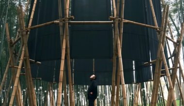 a black fabric veil hovers within a raw bamboo matrix in hubei's dense grove