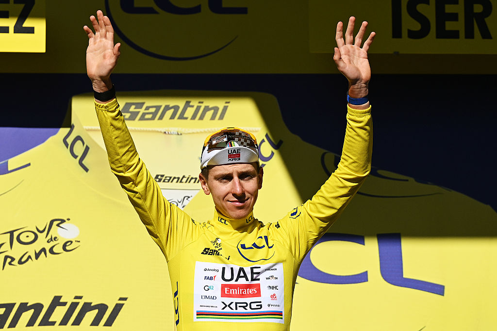ALPE D&amp;apos;HUEZ, FRANCE - JULY 24: Tadej Pogacar of Slovenia and UAE Team Emirates - XRG celebrates at podium as Yellow Leader Jersey winner during the 113th Tour de France 2026, Stage 19 a 127.9km stage from Gap to Alpe d&amp;apos;Huez 1835m / #UCIWT / on July 24, 2026 in Alpe d&amp;apos;Huez, France. (Photo by Luc Claessen/Getty Images)