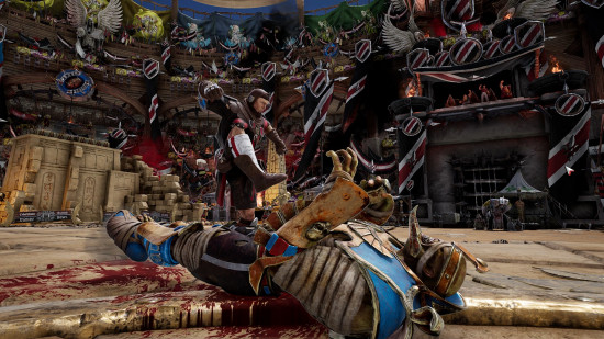 warhammer-blood-bowl-foul Screenshot from Warhammer Blood Bowl - a Bretonnian lineman jumping on a Tomb King mummy