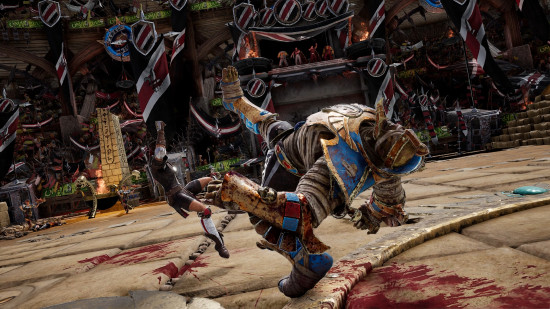 warhammer-blood-bowl-tackle Screenshot from Warhammer Blood Bowl - a Bretonnian lineman knight knocking a Tomb King mummy onto their back
