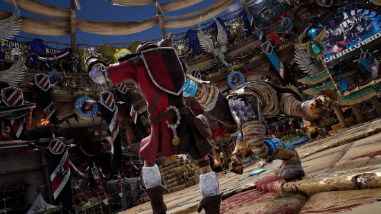 warhammer-blood-bowl-trip Screenshot from Warhammer Blood Bowl - a Bretonnian lineman trips up a Tomb Kings mummy