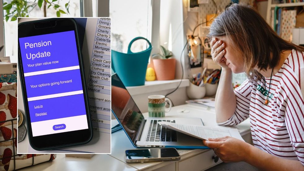 Woman looking worried and pension account on phone