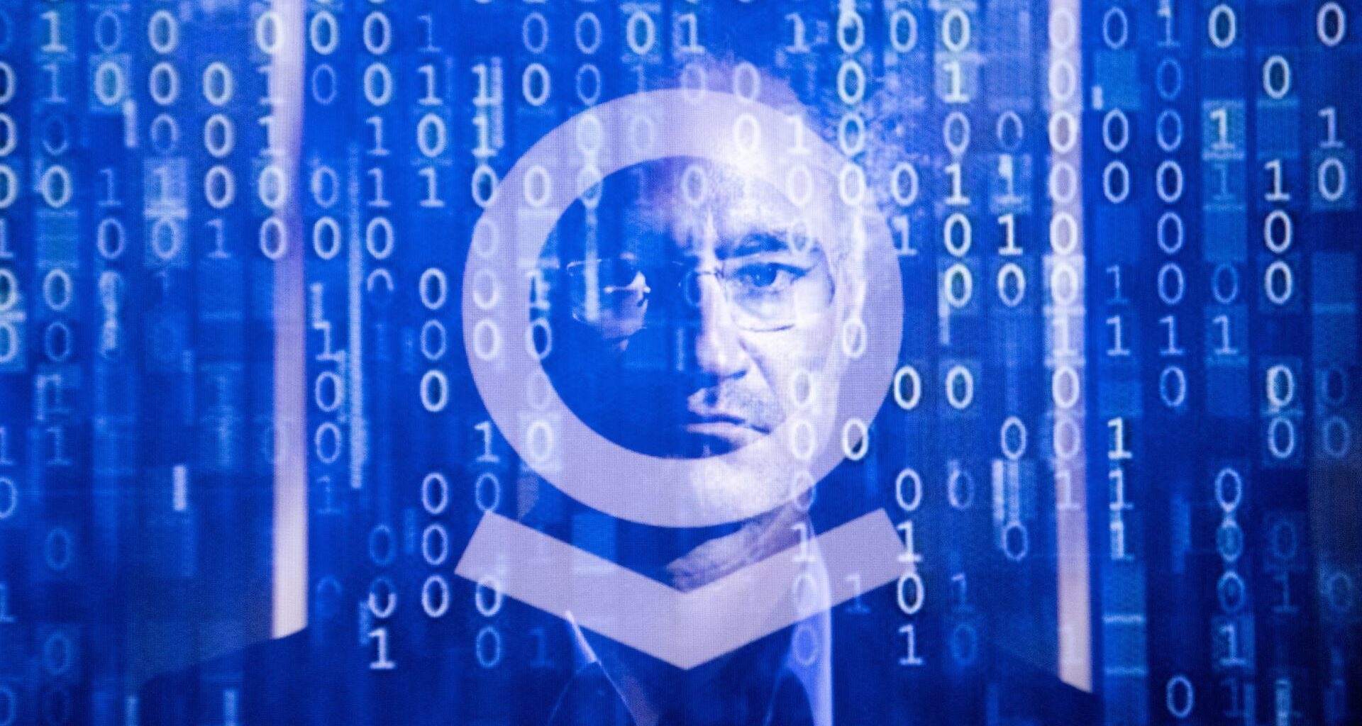 A triple exposure photograph of a computer binary code and of the Palantir artificial intelligence logo featuring a portrait of its co founder and CEO Alex Karp