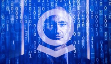 A triple exposure photograph of a computer binary code and of the Palantir artificial intelligence logo featuring a portrait of its co founder and CEO Alex Karp