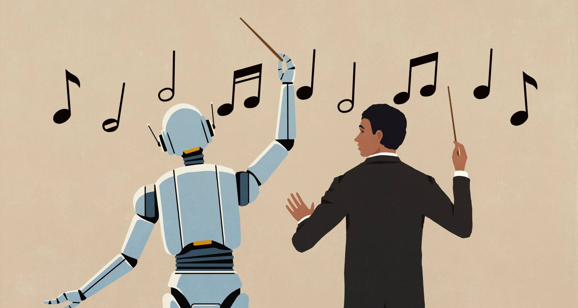 Orchestra conductor watching AI robot conduct music notes on beige background - stock illustration