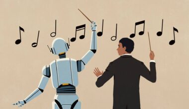 Orchestra conductor watching AI robot conduct music notes on beige background - stock illustration