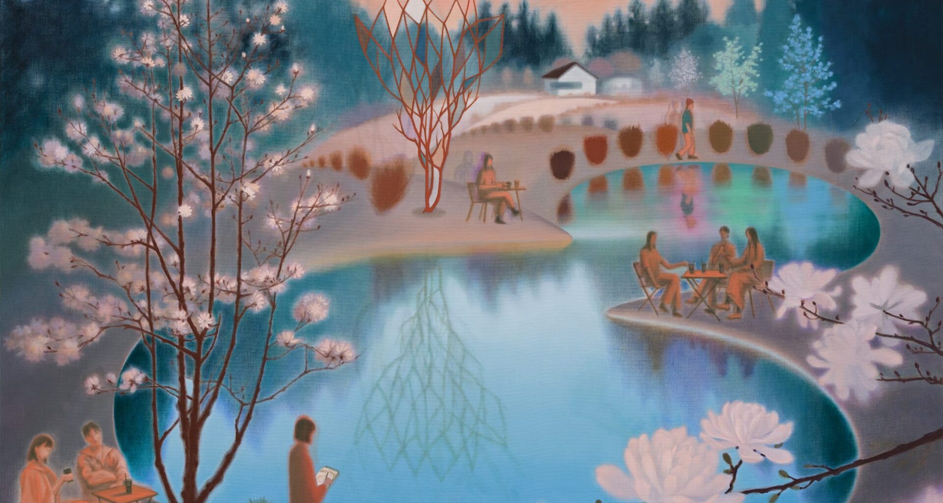 a painting of a beautiful, hilly landscape with a pond and flowering trees