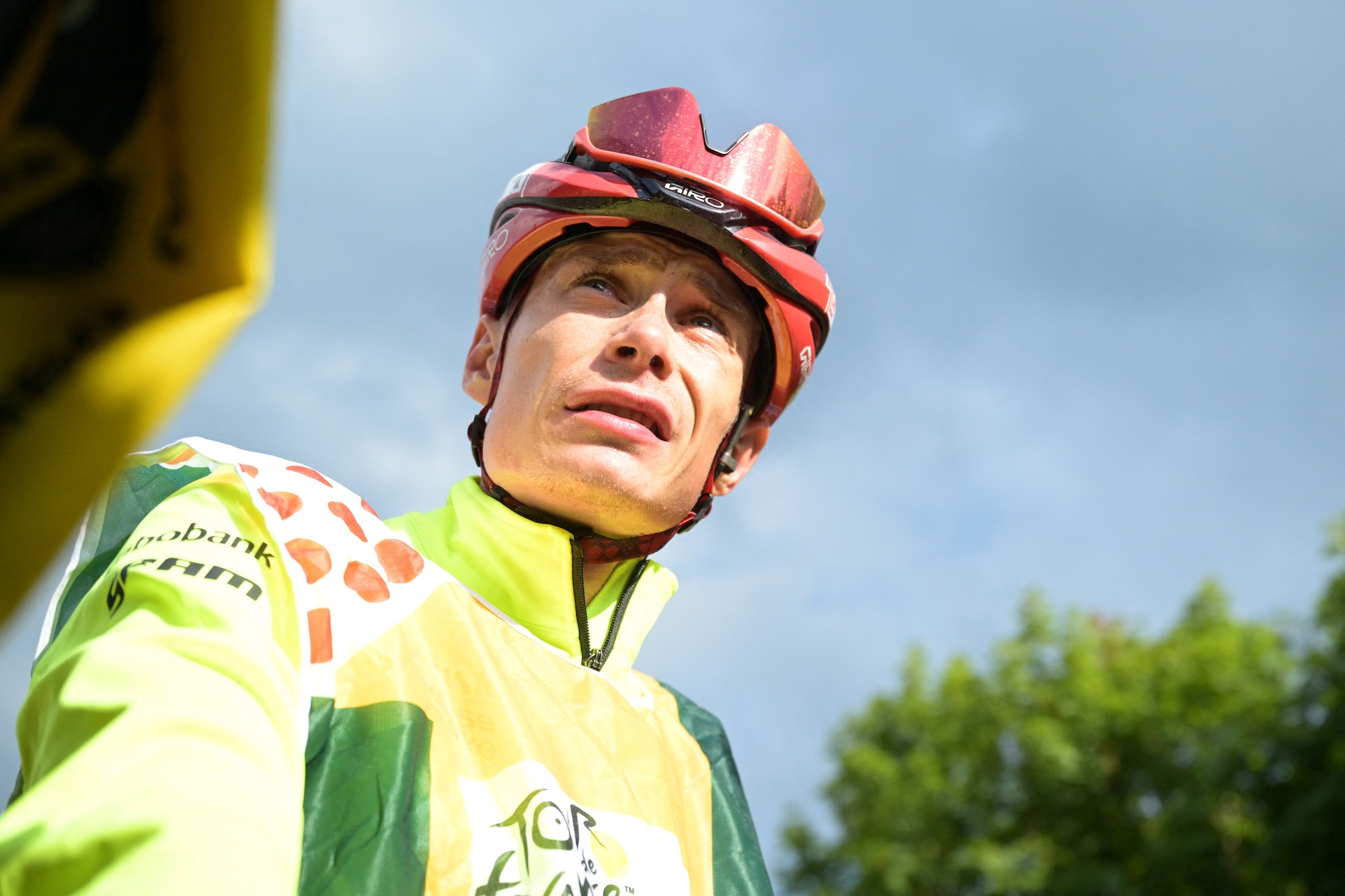 Jonas Vingegaard frowns after stage 14 of the Tour de France cycling race (Photo by DAVID PINTENS / BELGA MAG / Belga via AFP)