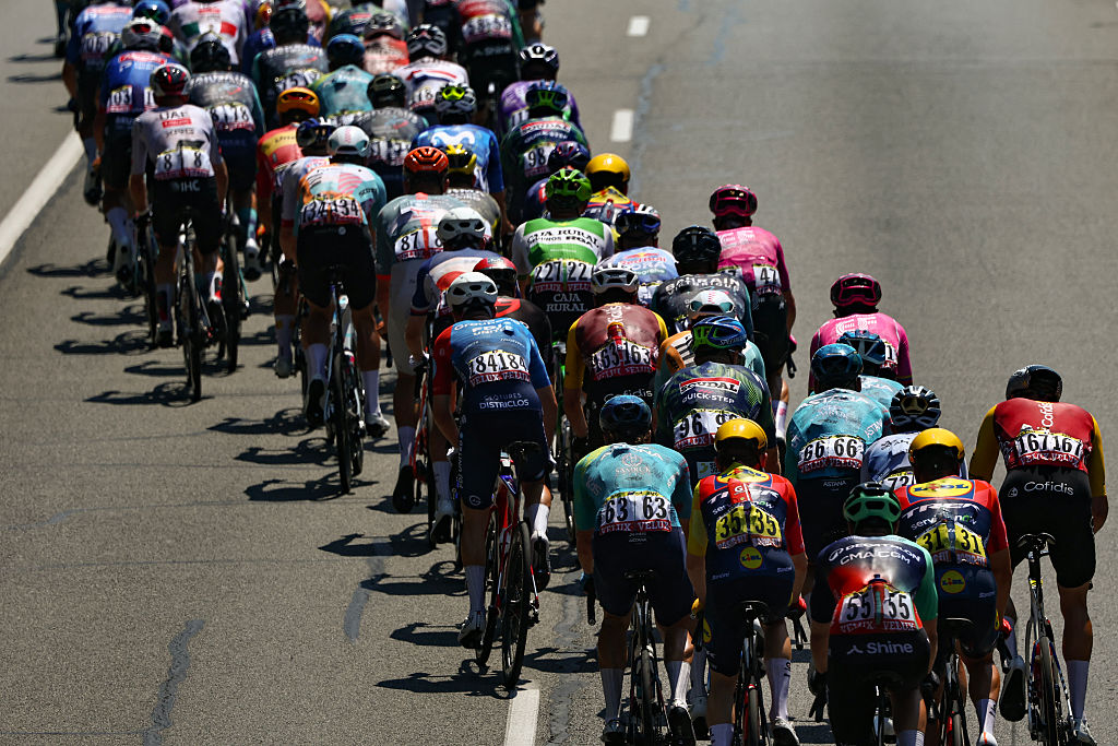 The pack of riders (peloton) cycles during the 6th stage of the 113th edition of the Tour de France cycling race, 186,2 km between Pau and Gavarnie-G&egrave;dre in the French Pyrenees, on July 9, 2026. (Photo by Anne-Christine POUJOULAT / AFP)