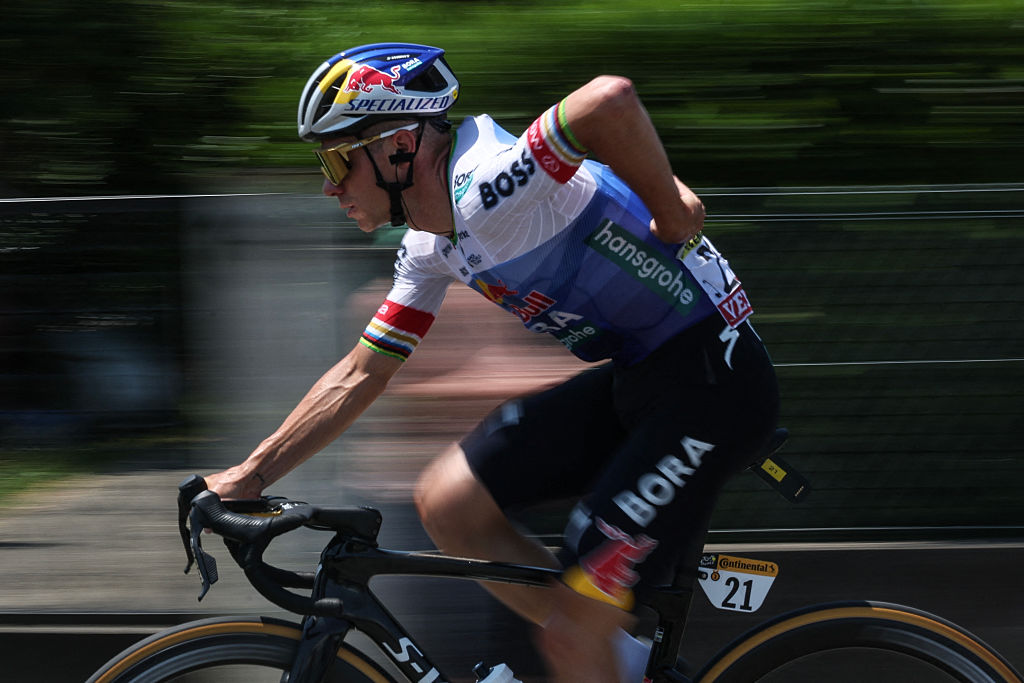 Red Bull - BORA - hansgrohe team's Belgian rider Remco Evenepoel cycles during the 6th stage of the 113th edition of the Tour de France cycling race, 186,2 km between Pau and Gavarnie-G&egrave;dre in the French Pyrenees, on July 9, 2026. (Photo by Anne-Christine POUJOULAT / AFP)