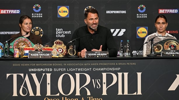 5 June 2026; Katie Taylor, promoter Eddie Hearn and Flora Pili during a media conference to announce the undisputed super-lightweight title bout between Katie Taylor and Flora Pili, which will take place at Croke Park in Dublin on 5 September. Photo by Ramsey Cardy/Sportsfile